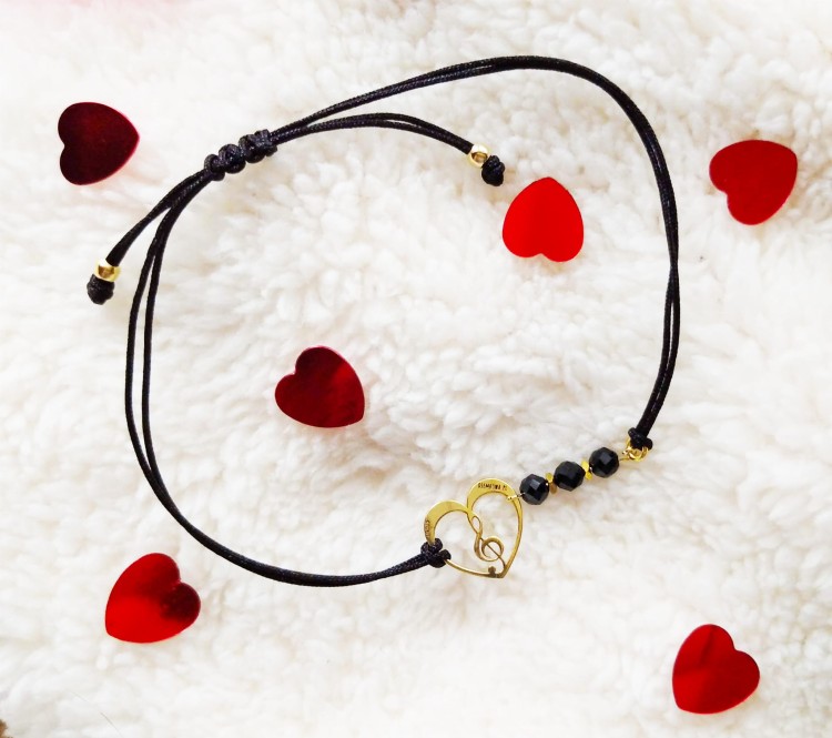 Bransoletka muzyczna - Klucz wiolinowy w sercu - Czarny sznureczek - Bransoletka ze spinelem