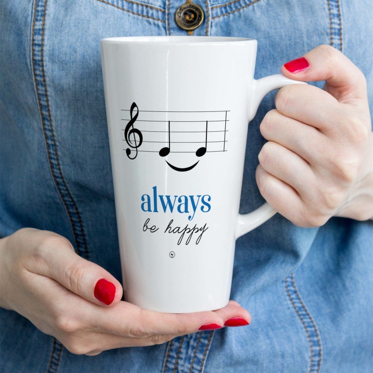 Always be happy – Muzyczne żarty - Prezent dla muzyka - Muzyczny kubek - Kubek latte - osemkowa.pl - nutki