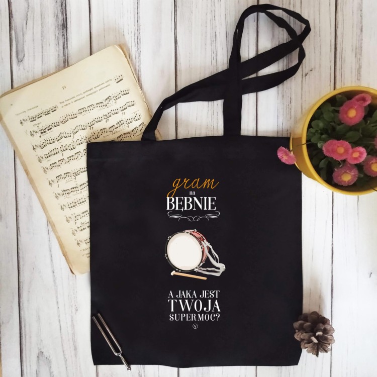 Bęben - Gram na bębnie a jaka jest Twoja supermoc? - Perkusistka - Perkusista - Prezent dla perkusisty - Torba 2 ucha
