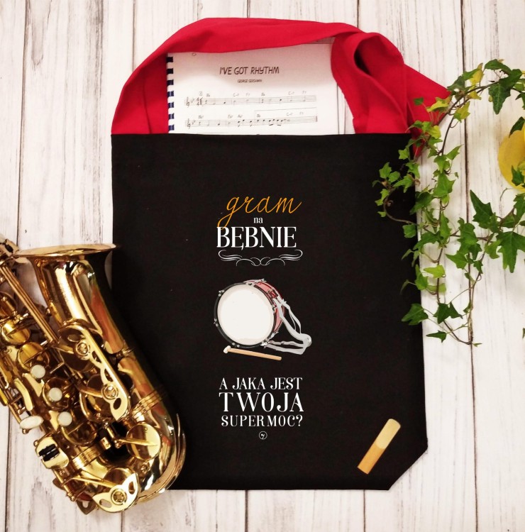 Bęben - Gram na bębnie a jaka jest Twoja supermoc? - Perkusistka - Perkusista - Prezent dla perkusisty - Torba na ramię