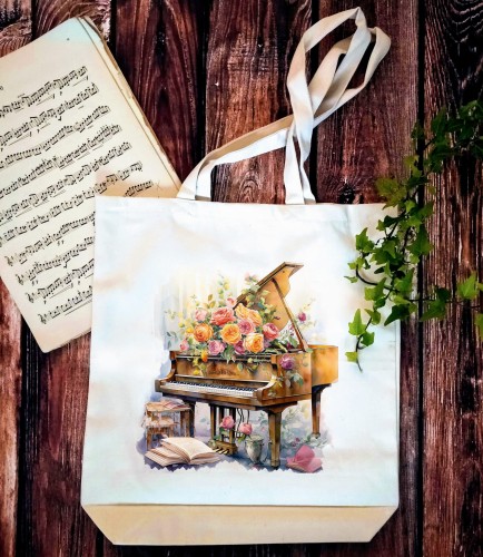 Piano - Fortepian - Róże - Prezent dla pianistki - Prezent dla Pianisty - Torba 2 ucha - osemkowa.pl