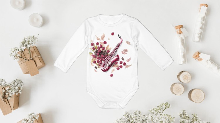 Saksofon - Saksofon w malinach - Prezent dla saksofonistki - Body z saksofonem - Body - Bodziak