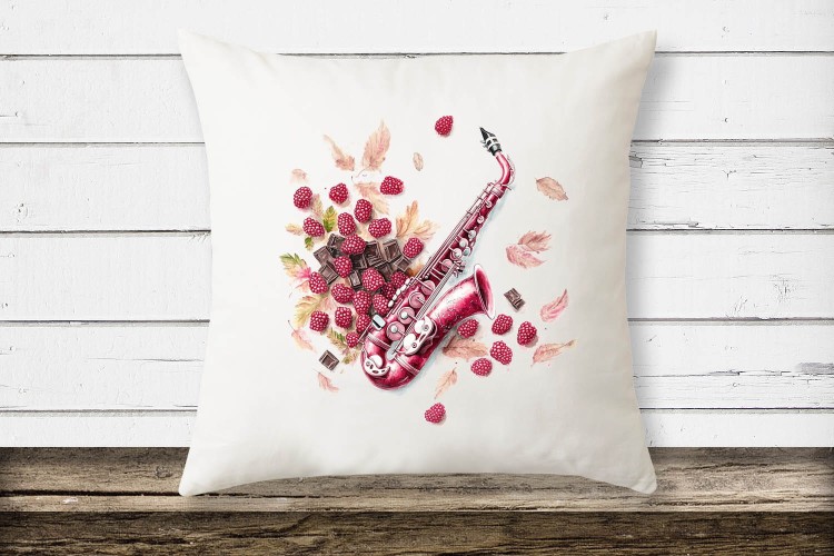 Saksofon - Saksofon w malinach - Prezent dla saksofonistki - Prezent dla saksofonisty - Poduszka z saksofonem - Poduszka