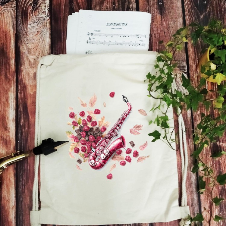 Saksofon - Saksofon w malinach - Prezent dla saksofonistki - Prezent dla saksofonisty - Worek-plecak z saksofonem - Worek-plecak - osemkowa.pl