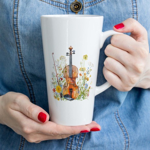 Skrzypce na łące - Skrzypce - Prezent dla skrzypaczki - Prezent dla skrzypka - Kubek ze skrzypcami – Kubek latte - osemkowa.pl - prezent dla muzyka - kubek latte ze skrzypcami