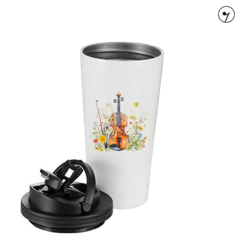 Skrzypce na łące - Skrzypce - Prezent dla skrzypaczki - Prezent dla skrzypka - Kubek ze skrzypcami – Kubek termiczny - osemkowa.pl - prezent dla muzyka - upominek dla muzyka
