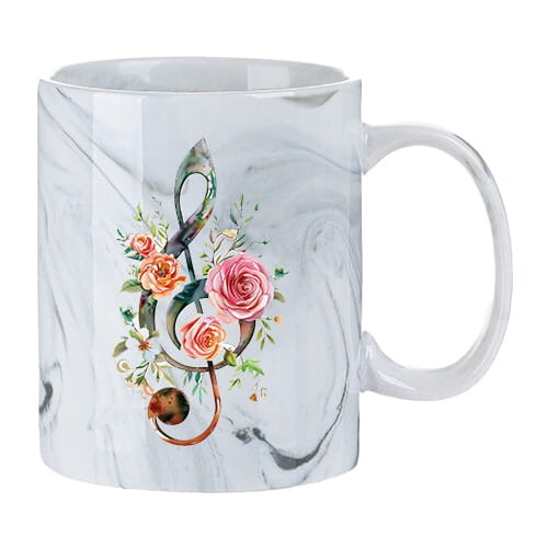 Klucz wiolinowy - Kwiaty i róże - Upominek dla muzyka - Kubek dla muzyka - Kubek marmurowy szary ceramiczny