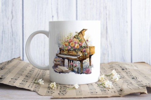Piano - Fortepian - Róże - Prezent dla pianistki - Prezent dla Pianisty - Kubek ceramiczny - Kubek z fortepianem - osemkowa.pl
