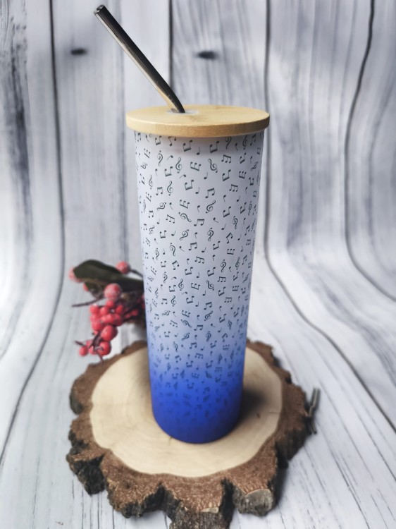 Szklanka w nutki - Prezent dla muzyka - Bambusowa pokrywka i słomka