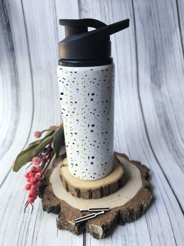 Aluminiowa butelka na wodę w nutki - Prezent dla muzyka - Butelka z ustnikiem- Butelka w nutki