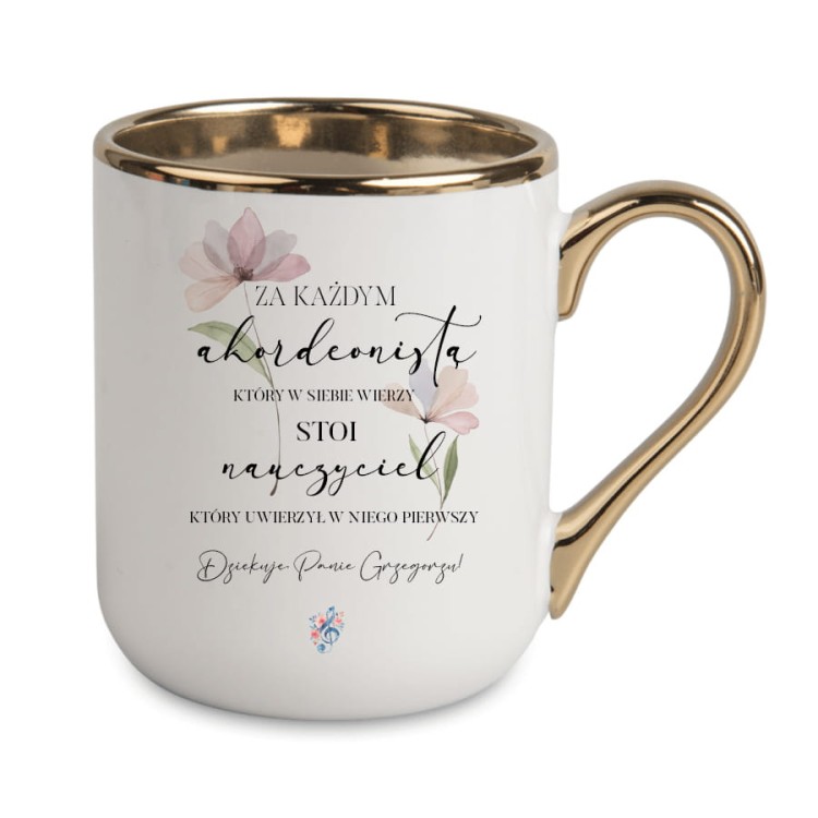 Personalizowany kubek dla nauczyciela akordeonu ze złotym rantem i uchem