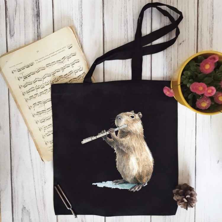 Flet - Prezent dla flecisty - Prezent dla flecistki - Kapibara gra na flecie - Torba z 2 uchami
