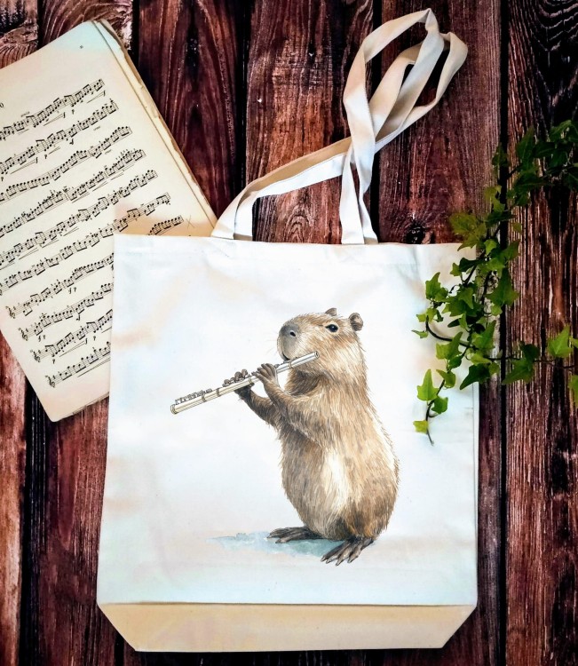 Flet - Prezent dla flecisty - Prezent dla flecistki - Kapibara gra na flecie - Torba z 2 uchami