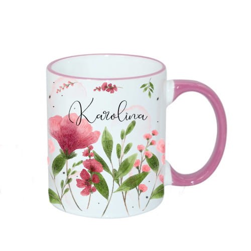 Kubek z imieniem - Personalizacja - Kwiaty - Kubek z różowym uchem