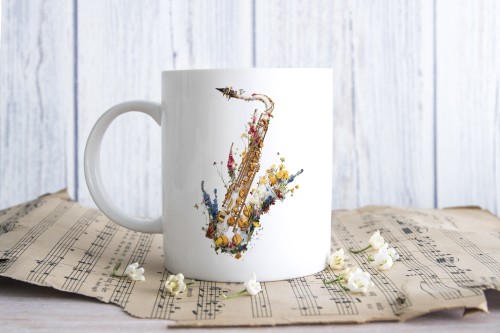 Saksofon - Saksofon biały w kwiaty - Kubek ceramiczny