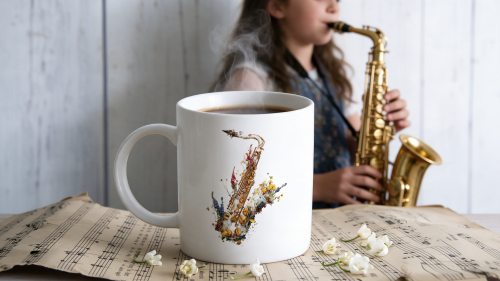 Saksofon - Saksofon biały w kwiaty - Kubek ceramiczny