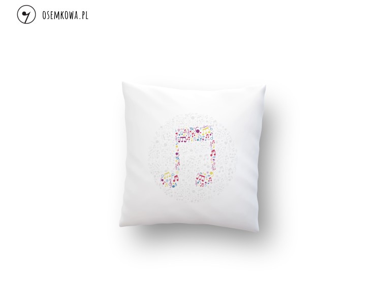 Biała poduszka dekoracyjna z nadrukiem nut. Uniwersalny prezent dla muzyka, ucznia szkoły muzycznej i fana muzyki.