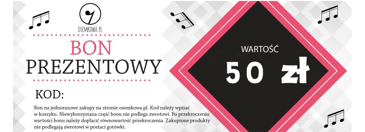 Bon prezentowy o wartości 50 zł do sklepu osemkowa.pl. Jednorazowy kod, ważność 3 miesiące. Dostawa mailowo lub drukowany bon do wręczenia. Muzyczny prezent.