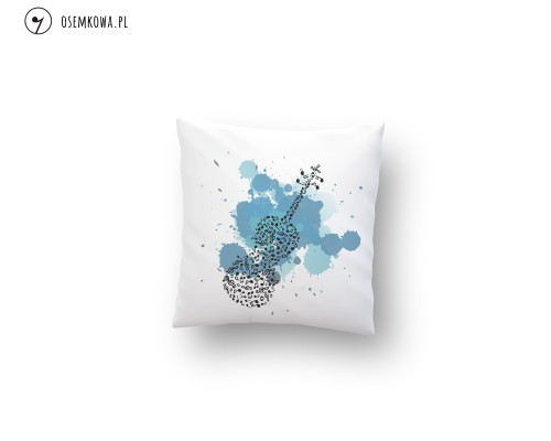 Biała poduszka dekoracyjna z nadrukiem skrzypiec i nut. Idealny prezent dla skrzypka, altowiolisty i miłośnika muzyki klasycznej.