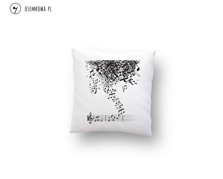 Poduszka „Burza nut” z motywem nut to oryginalny prezent dla muzyka. Dynamiczny wzór, personalizacja, trwały nadruk, produkcja w Polsce.
