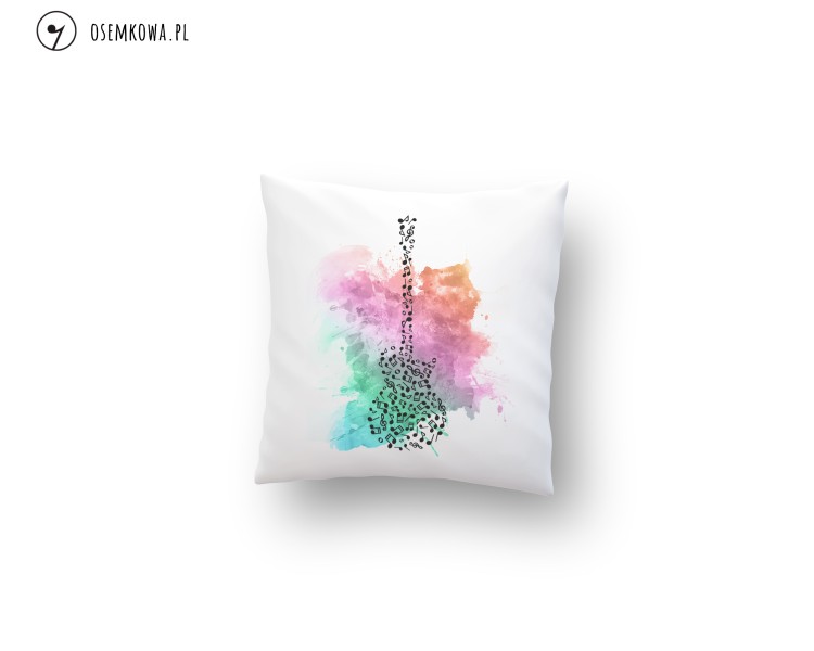 Biała poduszka dekoracyjna z nadrukiem gitary i nut. Muzyczny motyw inspirowany grą na gitarze, idealny jako prezent dla gitarzysty lub miłośnika muzyki.