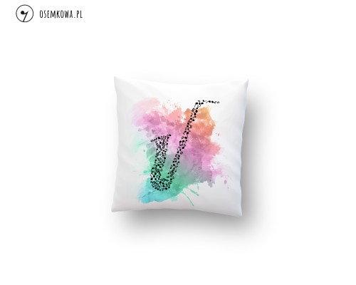 Biała poduszka dekoracyjna z nadrukiem saksofonu i nut. Muzyczny motyw inspirowany jazzem, idealny jako prezent dla saksofonisty lub miłośnika muzyki.