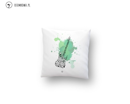 Biała poduszka dekoracyjna z motywem gitary i nut. Oryginalny prezent dla gitarzysty i fana gitary.